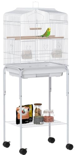 PawHut Jaula para Pájaros Grande con Ruedas Almacenaje 46,5x36x124cm Blanco | Estante, Puertas, Puertas, 4 Comederos, 3 Perchas, Columpio, Bandeja Extraíble, Canario y Periquito