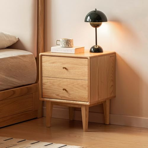 YESWOOD Nachttisch Eiche Massiv mit 2 Schubladen, Skandinavischer Beistelltisch für Schlafzimmer, Couch, Wohnzimmer, 40x35x50 cm, Natur