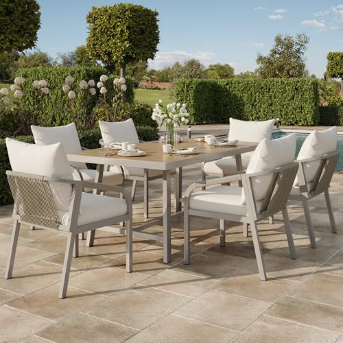 VIEKOS Garten-Essgruppe,Gartenmöbel-Set,Geeignet für 6 Personen, bestehend aus 1 Tisch und 6 Stühlen,verzinktem Stahlrohr, Tischplatte aus Kunststoffholz, geflochtenem Seildesign, Khaki + Beige