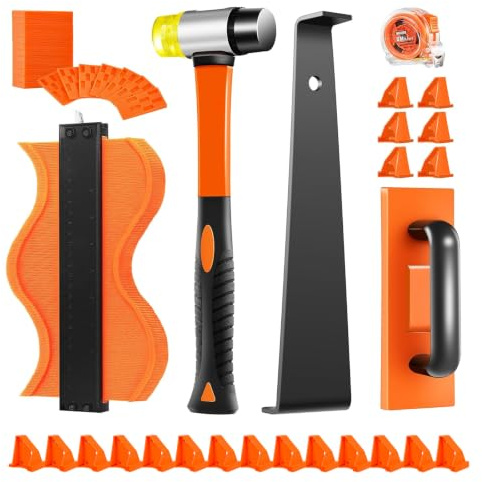 65pcs Laminate Flooring Installation Kit with Contour Gauge & Floor Tools | Complete 65-piece flooring kit with 10in contour gauge, tapping block, pull bar, rubber mallet, spacers and tape measure