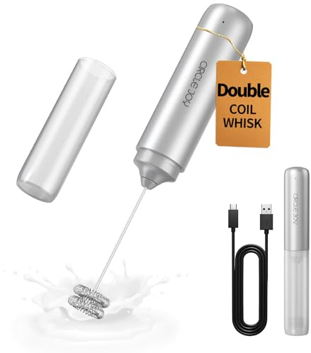 CIRCLE JOY Electric Milk Frother Handheld Dual Spring Whisk & Cover Silver | USB Rechargeable Coffee Frother, Portable Hand Frother Wand Drink Mixer for Coffee, Hot Chocolate, Cappuccino, Frappe, Matcha