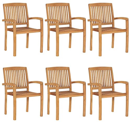 PTUGUOF Stapelbare Esszimmerstühle Teak Massivholz mit Kissen 6 STK. für Garten Terrasse