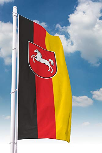 Niedersachsen Flagge 80 x 200 cm – für Fahnenmast, Niedersachsen Fahne mit Wappen, aus reißfestem Polyester, wetterfest und UV-beständig