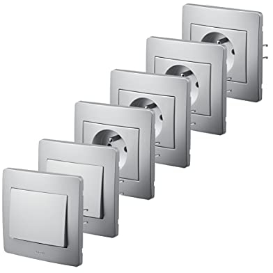 Prise de Courant | Prise Murale | Prise encastrable | Boitier Mural | Appareillage Encastre | DEBFLEX 739901 2 Lot de 4 Prises 2P+T 16A ET 2 VV Aluminium