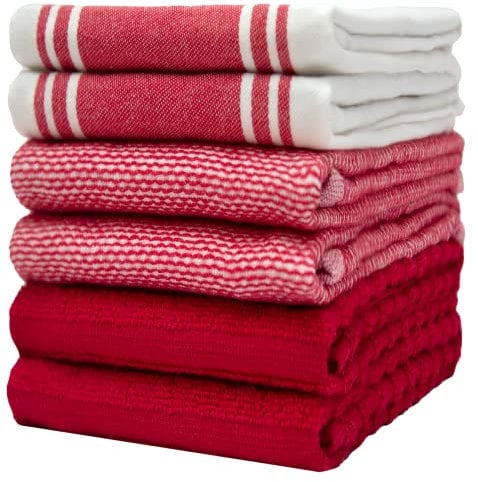Premium Kitchen Towels 6 Pack | Large Cotton Kitchen Hand Towels | Soft & Absorbent Tea Towels with Hanging Loop | Vintage Striped Flat Terry Towel - Red (50 x 70cm)