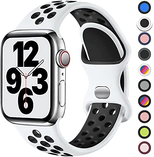 Upeak Sport Cinturino Compatibile con Cinturino Apple Watch 40mm 38mm 41mm 42mm, Cinturini a Doppio Foro in Silicone Traspirante per iWatch Series 10 9 8 7 6 5 4 3 2 1 Ultra SE, L, Bianca/Nero