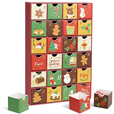 LEMESO Calendario Avvento 2025 Calendario dell’Avvento per Natale, con 24 Cassetti da Riempire, Scatole Regali Natalizie di Cartone per Confetti Caramelle Cioccolatini Dolcetti per Bambini