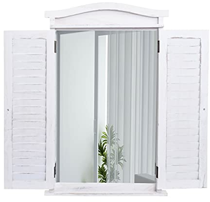 Mendler Espejo de pared para baño con persianas, 71 x 46 x 5 cm, color blanco desgastado
