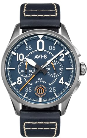 AVI-8 Herren 42mm Spitfire Lock Chronograph Channel Blue Japanische Quarz-Fliegeruhr mit Lederarmband AV-4089-04