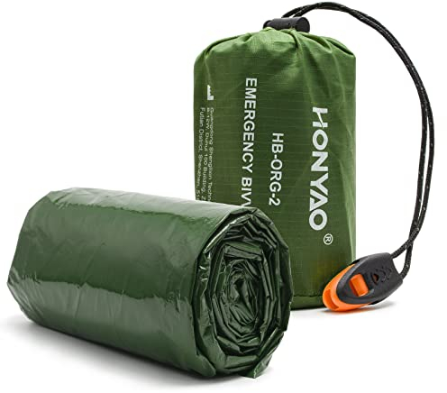 HONYAO Saco de Dormir Emergencia, Mantas Termica de Aluminio, Sacos de Vivac Supervivencia, Supervivencia Bivy para Vivac, Cámping, Excursionismo, Trekking - Verde