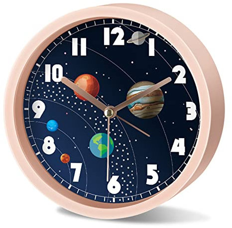 RAILONCH Kinderwecker Jungen Mädchen Ohne Ticken Analoger Kinder Wecker Weltraum, Rakete, Astronaut Karikatur Weckalarm, Geschenk für Kinder (5,Runden)