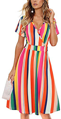 VOTEPRETTY Women's Short Sleeve V Neck Wrap Summer Dress Casual Floral Sundress with Pockets(Floral02,L)