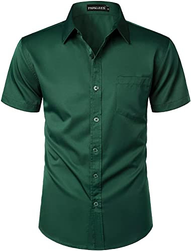 PARKLEES – Chemise décontractée à manches courtes et boutonnée pour homme avec poche, vert foncé, XXL