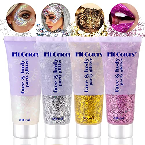 Gel Paillettes Visage Paillette Cheveux: 4 Couleurs Maquillage Paillette, Paillettes Corps, Paillettes Visage Festival, Glitter Body Gel Makeup pour Lèvres Noël Fête Pâques Cosmétique Décoration