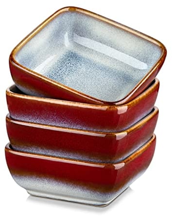 vancasso Stern Red 4-Piece Saucer Dish Set, Reactive Glaze Dipping Snack Bowl, Ceramic Small Serving Dish/Condiment Dish/Seasoning Bowl/Sushi Soy Dish, Square. (9.5x9.5x3.8cm)