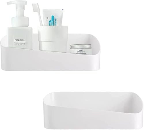 SUNFICON Adhesive Shower Caddy Basket 2 Pack Bathroom Shelf Organiser Wall Mounted Spices Storage Rack No Drilling Shower Shelf Bath Essentials Makeups Shampoo Holder with 4 Traceless Clear Adhesive
