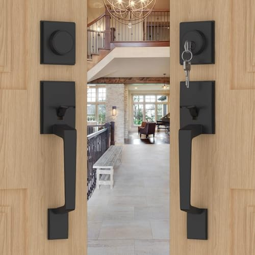 goldenwarm Doppel Haustürschloss Set, Schwarz Doppeltürgriff Set, Mattschwarz Doppeltürgriff mit Attrappe, Modernes Doppel Haustür Hardware Set mit Wendegriff Hebel