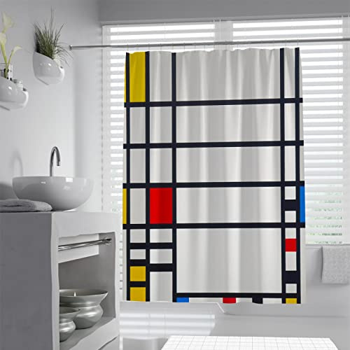 SAISEMIHOME Mondrian Style Rideau de Douche Abstrait Géométrique Coloré Motif Décor Salle de Bain Imperméable à l’Eau Rideau de Douche en Tissu avec Crochets W120xL180cm Rideau de Douche