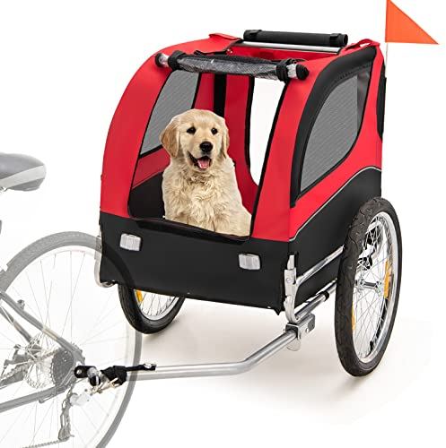 GYMAX Fahrradanhänger, Haustierwagen mit Sicherheitsfahne & mit 3 Eingängen, Hundewagen mit Reflektorlichter & Universalräder, klappbarer Transportwagen für Haustiere (Rot)