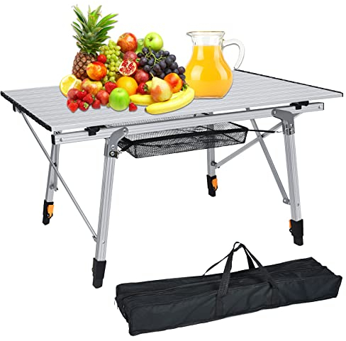 SUBTLETY Faltbare Campingtische 45cm-68cm Höhenverstellbar Buffettisch 90x52cm Aluminium Falttische mit Klappbare Tischplatte & Tragetasche Klapptisch Belastung bis 30KG für Outdoor (Silber)