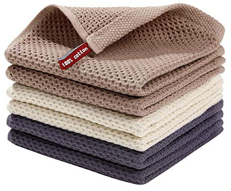 Juego de 6 toallas de cocina 100% algodón puro, paños de cocina de tejido gofre, paños de cocina altamente absorbentes para limpieza y secado rápido de platos y vasos (multicolor)