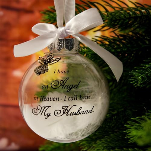 Christmas Memorial Bauble, I Have an Angel in Heaven Bauble, Memorial Christmas Ornaments, Clear White Feather Memorial Bauble, Christmas Tree Remembrance Decoration (Husband)