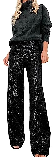 Alaurbeauty Damen Glitzer Pailletten Lange Lose Hosen Bling Sparkly Joggerhosen Lässig Elastisch Hohe Taille Business Hosen für Arbeit Büro Streetwear (Schwarz, M)