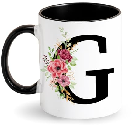Tazze Personalizzate Tarklanda Tazza da Caffè con Lettere Floreali in Ceramica Nera da 350 ml, Regali Personalizzati per Donne per Compleanno, Natale, San Valentino