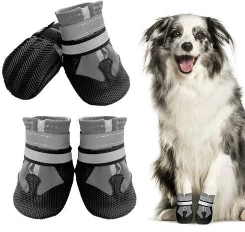 Muecleao Hundeschuhe Pfotenschutz, 4 Stück Wasserdicht Anti-Rutsch Hundestiefel mit Rutschfester Sohle und reflektierendem Klettverschluss, Schuhe für kleine, Mittlere und Große Hunde (Grau, L)
