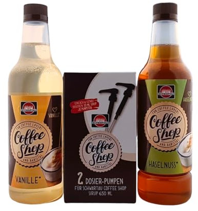 Schwartau Coffee Shop 2 Dosier-Pumpen mit Schwartau Coffee Shop Vanille Sirup 650ml und Schwartau Coffee Shop Haselnuss Sirup 650ml