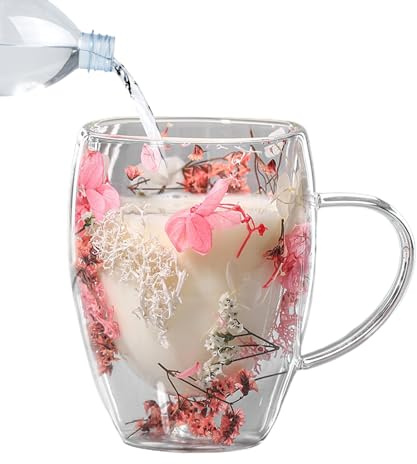 Rrlihjgu Tazas de vidrio de doble pared con flores secas estéticas, 350 ml, tazas de café de vidrio de doble pared con asas, tazas de vidrio de doble capa para té y café caliente