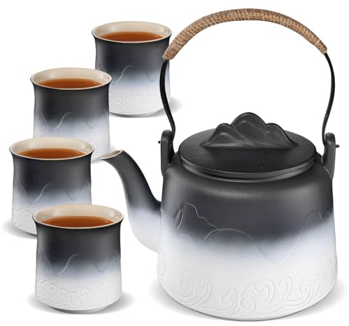 ZENS Japanische Teekanne mit 4 Tassen Set, 1000ml Gradienten Geprägtem Japanische Teeservice mit Eingebautes Sieb für Losen Tee Steeper, Hanfseilgriff Teekanne Keramik Geschenk, Schwarz & Weiß