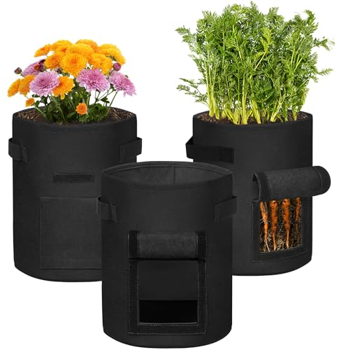 PEILU Pflanzenwachstum Taschen Set 3X 27L Pflanzsack aus Vliesstoff 7 Gallonen Kartoffelsack mit Griffen und Sichtfenster Tragbare Pflanzkartoffeln Pflanzbeutel zum Pflanzen (Schwarz)