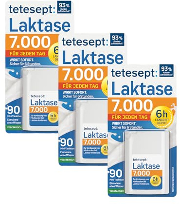 tetesept Laktase 7.000 – 3 x 90 Mini-Tabletten mit Sofortwirkung & 6h Langzeit-Depot – Laktase-Enzym zur Unterstützung der Laktoseverdauung – Nahrungsergänzung bei Laktoseintoleranz – vegetarisch