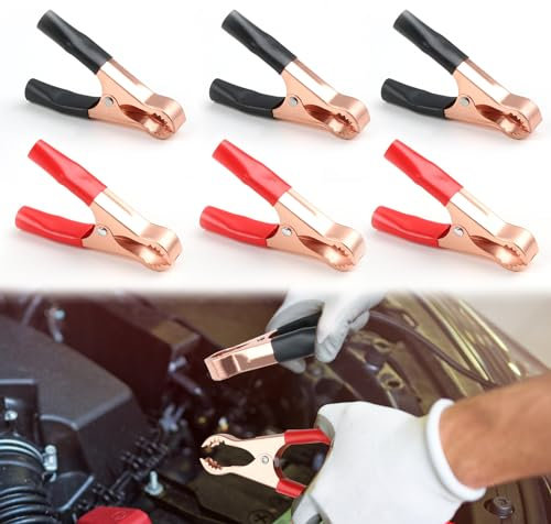 Hugfads Set di 6 Clip a Coccodrillo per Batteria Auto in Rame 30A, Lunghezza 68mm, Isolate, Morsetti Jumper per Veicoli, Barca, Camion