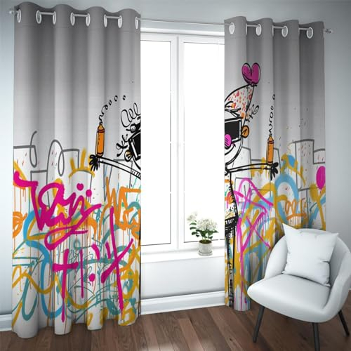 CHERHERART Anime gemusterte Vorhänge Niedliche Kinderzimmervorhänge für Jungen und Mädchen Lärmreduzierende Verdunkelungsfenstervorhänge 2 Panel-Sets B168xH300