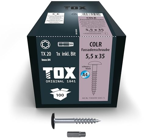 TOX Fassadenschrauben COLR 5,5 x 35 mm, Schrauben für Fassadenplatten aus Edelstahl A4 mit farbigem Tellerkopf, korrosions- und UV-beständig, 100 Stück im Karton, inkl. 1x Bit, 113087415535/S