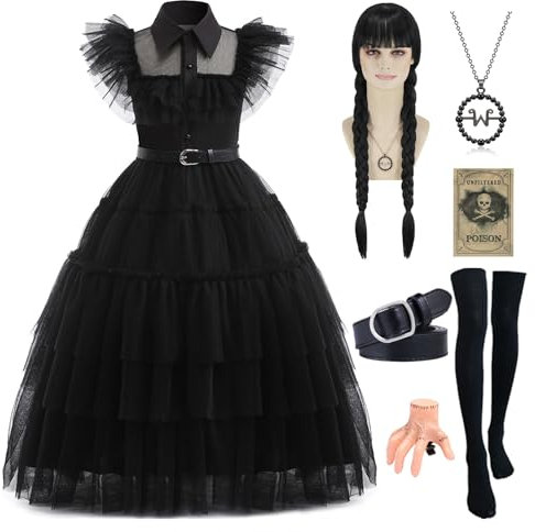 Velmawig Mittwoch Kostüm Kleid Mädchen Wed Kostüm mit Händchen Haarnadel Perücke Prinzessin Schwarz Kleid Halloween Karneval Familie Cosplay Kostüm für Mädchen 3-14 Jahre VL038XL