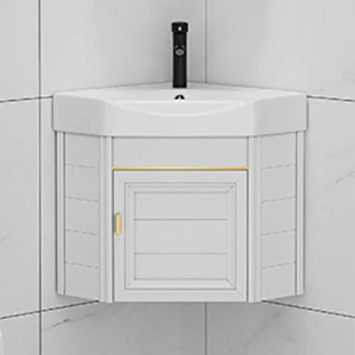 Mueble de baño de esquina pequeño y fregadero montado en la pared, diseño de lavabo de mano con almacenamiento de cerámica para lavandería, combo de fregadero con grifo de drenaje caliente y frío para