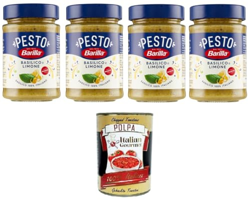 Italian Gourmet Pesto Basilico e Limone Condimento e Sugo per Pasta 4 x | Crema aromatica con basilikum und zitrische Note, ideale für schnelle, Gesamtnettogewicht 760 g + Kostenlos Polpa 400g