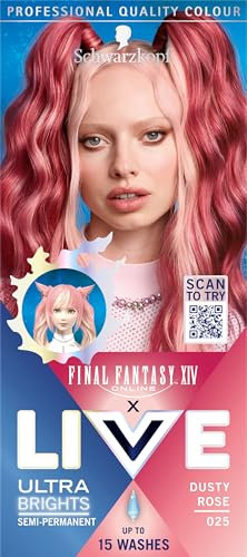 Schwarzkopf LIVE Ultra Brights or Pastels Dusty Rose 025 Shade, Semi-Permanent Rose Hair Dye, FINAL FANTASY™ XIV Online x Live, Vibrant Hair Dye Kit Lasts Up to 15 Washes