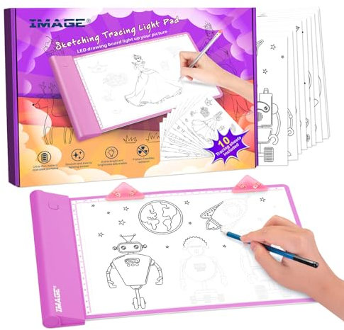 IMAGE A4 Leuchttisch, einstellbarer Helligkeit Leuchttafel Kabellos Farbtafel für Kinder, leuchtkasten mit 10 verfolgbare Bilder, Geschenk und Spielzeug zum Nachzeichnen und Schreiben lernen, Rosa