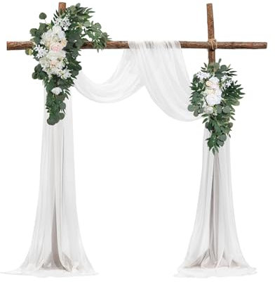 VEVOR Blumenset für Hochzeit Bogen, weiße Blumen für Traubogen mit Vorhängen (4er-Set) – 2 Blumenarrangements, 2 transparente Vorhänge, für Zeremoniensträuße, Empfangshintergrunddekoration