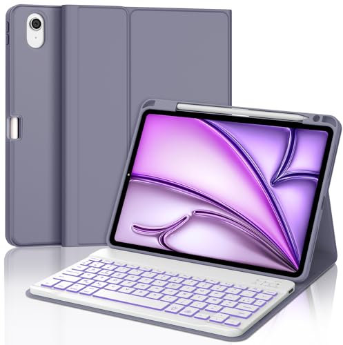 JADEMALL Coque Clavier pour iPad Air 11 (M2/M3) 2024/2025, AZERTY Français Clavier Rétro-éclairé Bluetooth Magnétique Détachable avec Fente pour Stylo pour iPad Air 6 11, Violet