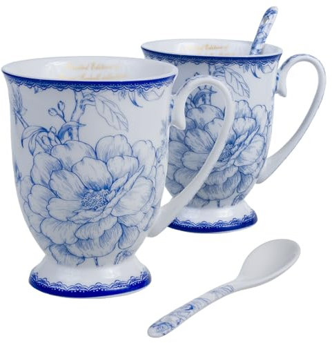 QUEEN ISABELL LIMITED COLLECTION | Lot de 2 tasses avec cuillères en porcelaine fine | Design artistique inspiré par Van Gogh & Klimt | 250 ml