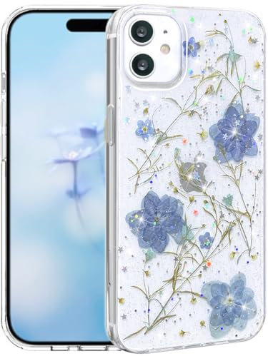 Efitoo for iPhone 11 Case Clear Glitter with Flowers Design Real Dried Pressed Flower/Floral Bling Sparkle Cute Soft Slim Aesthetic Shockproof Protective Girly Women Girls Phone Cover (Blue)