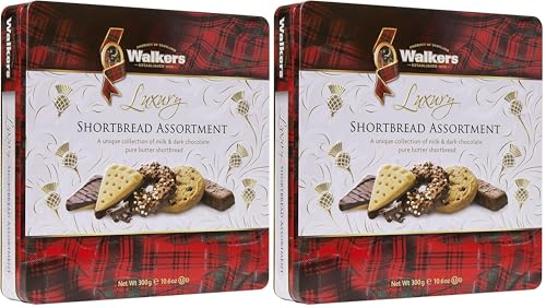 Walker's Shortbread Luxury Milk & Dark Chocolate Assortment Tin, Traditional Pure Butter Scottish Recipe, 300g (Pack of 2)