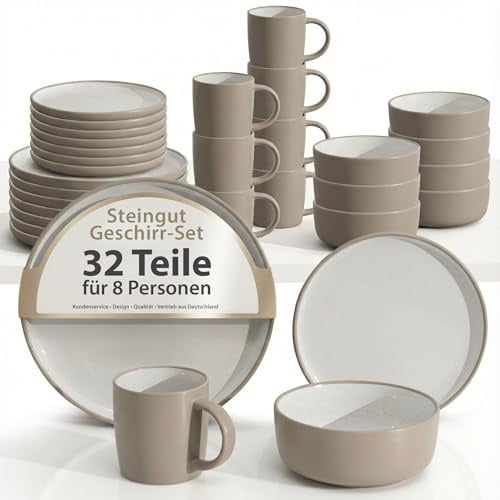 Hausfelder Steingut Geschirrset 8 Personen, 32-teilig, Nordic Sand | Tafelservice mit Tellern, Schalen und Bechern, spülmaschinenfest, Farbe Beige (Nordic Sand)