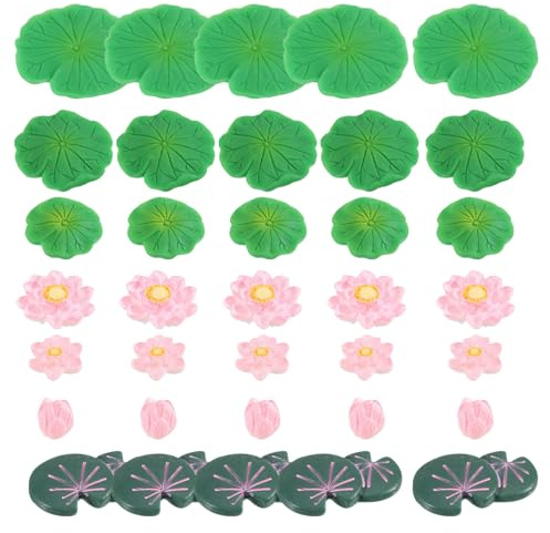 CHGCRAFT 35 Pcs 7 Style Miniature Resin Water Lily Pads Miniature Artificial Floating Lotus Flowers Tank Decoration for Terrariums Fairy Garden Pool Patio Pond Wedding Decor