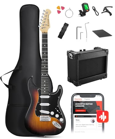 DONNER DST-80 E-Gitarre, 39” Anfänger E-Gitarren-Set mit Verstärker, klassischem SSS-Tonabnehmer, inklusive Gigbag, Stimmgerät, Kapodaster, Gurt, Plektren und kostenlosen Online-Lektionen
